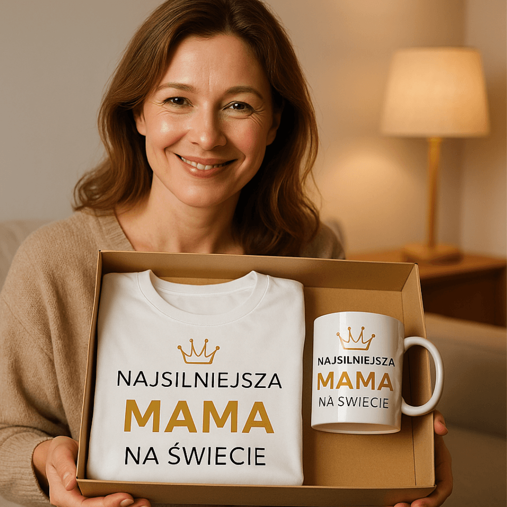 Zestaw Koszulka + Kubek: Najsilniejsza Mama - Mama Gold Edition (biała)