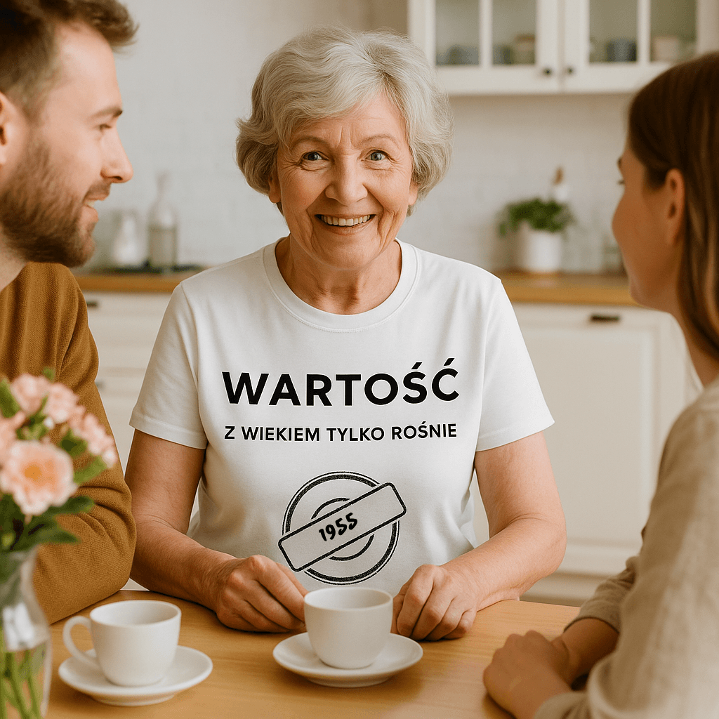 Koszulka 1955 – WARTOŚĆ. Z wiekiem tylko rośnie (Damska, Biała)