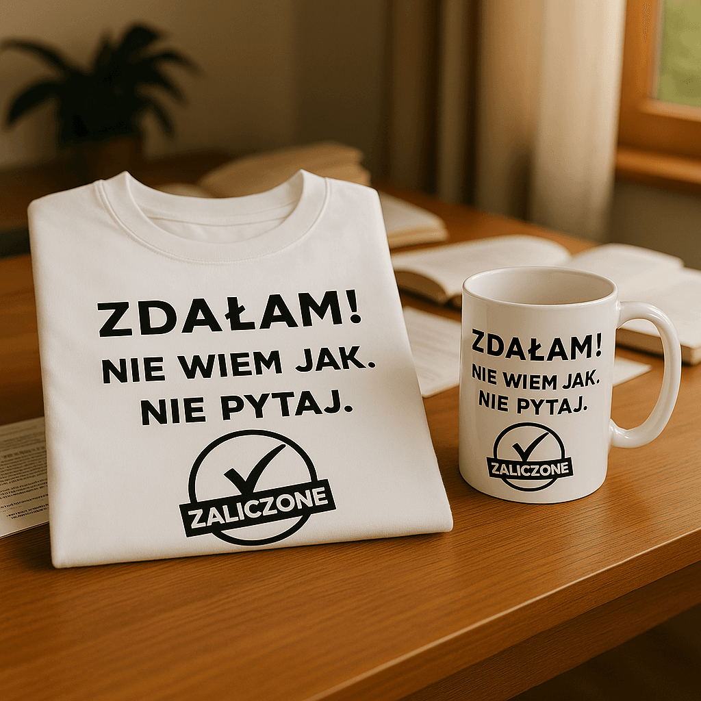 Zestaw Koszulka + Kubek: ZDAŁAM – Nie pytaj jak Wersja Limitowana 2025 (biała)